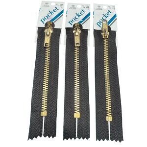 Coats & Clark 5 Inch Pocket Zippers Black Brass‎ Metal Teeth Lot of 3 F63 USA